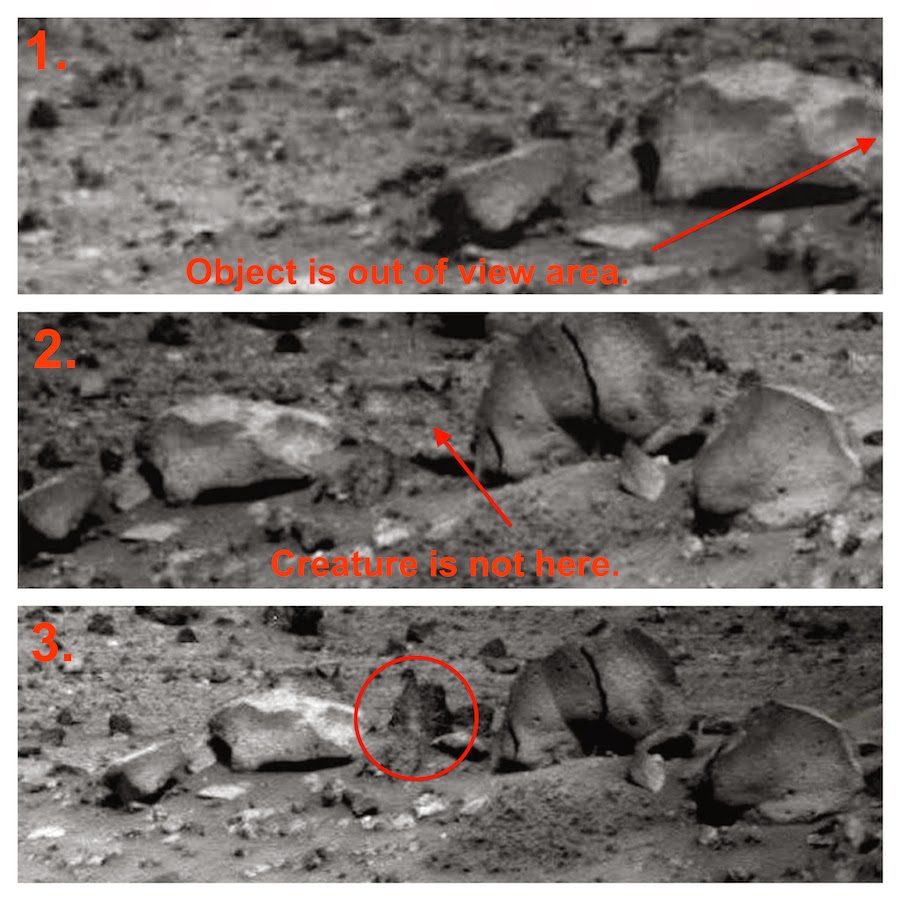 Sequence of three of the five images showing the moving object